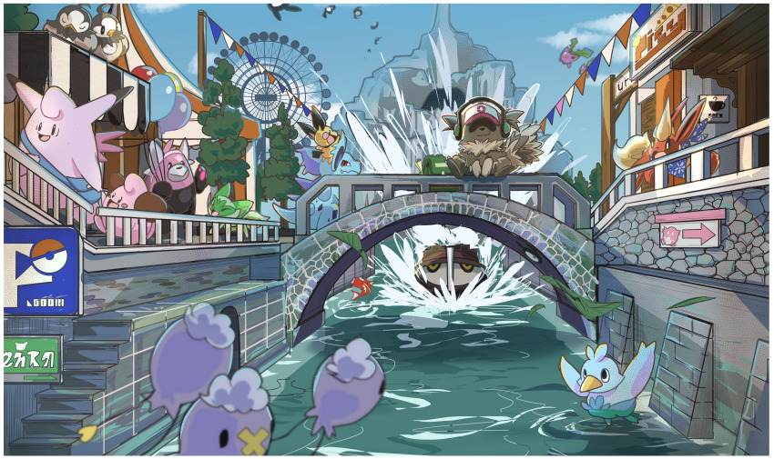 :d absurdres balloon bewear bird blush_stickers bridge canal circus_tent clefable cleffa commentary_request commission day drifloon ducklett falling_leaves fence ferris_wheel flareon game_freak gen_1_pokemon gen_2_pokemon gen_3_pokemon gen_4_pokemon gen_5_pokemon gen_7_pokemon highres holding_hands hoppip leaf magikarp market_stall nidorina nikkado nintendo open_mouth outdoors pichu poke_ball_print pokemon skeb_commission sky smile splashing sprigatito stairs standing starly tree unown water zigzagoon