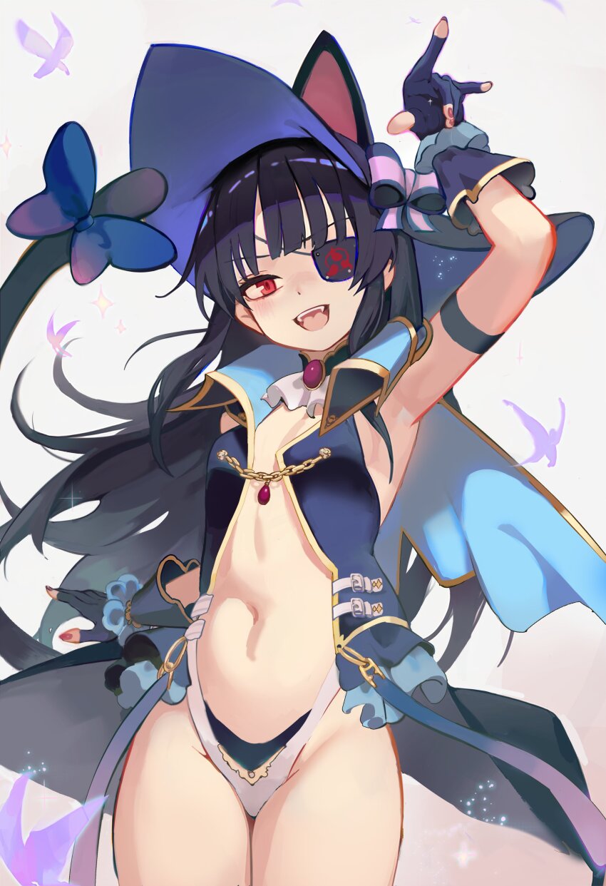 1girl absurdres animal_ears arm_up black_hair blush bow cat_ears cat_tail clothing_cutout cowboy_shot eyepatch fingerless_gloves flat_chest frills gloves hat hat_bow highres long_hair looking_at_viewer mirai_(senran_kagura) navel navel_cutout open_mouth red_eyes revealing_clothes senran_kagura senran_kagura_shoujo-tachi_no_shin&#039;ei smile solo standing subu_art tail teeth thighs witch_hat