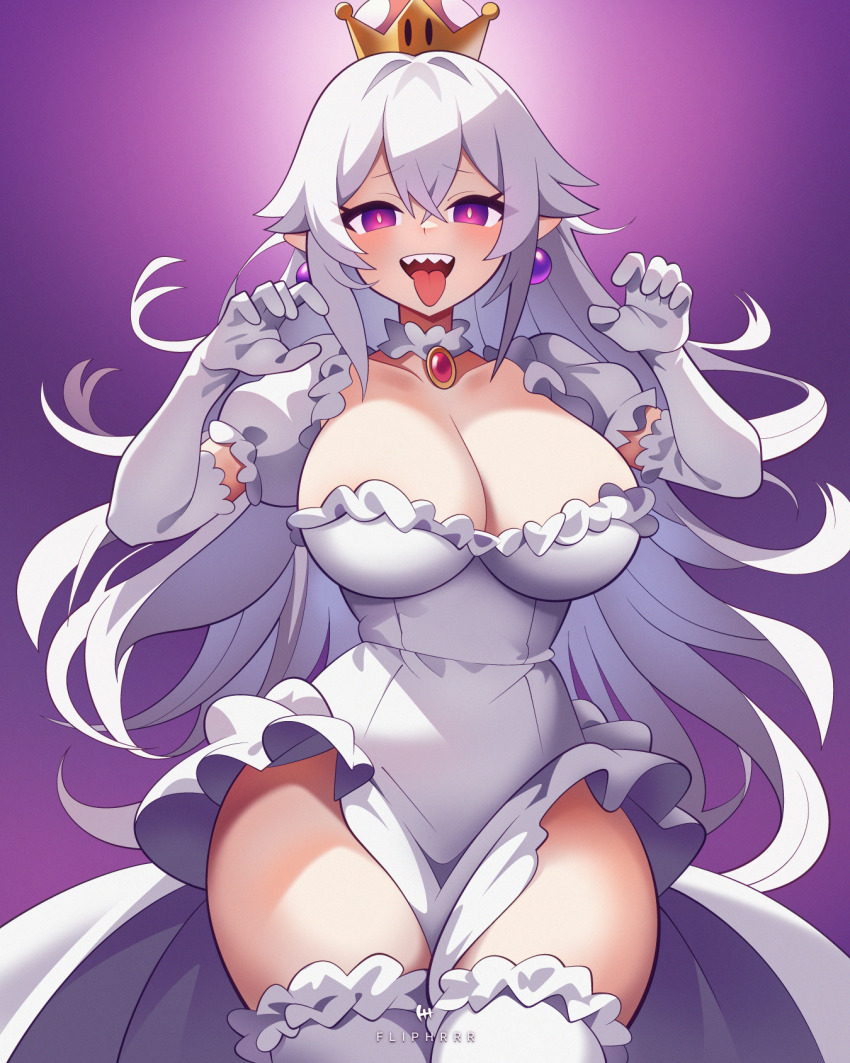 1girl breasts claw_pose cleavage clothes_pull commentary cowboy_shot dress earrings elbow_gloves flipherrrr gloves highres jewelry large_breasts long_hair looking_at_viewer mario_(series) nintendo open_mouth princess_king_boo puffy_short_sleeves puffy_sleeves purple_background purple_eyes sharp_teeth short_sleeves solo sphere_earrings super_crown teeth thighhighs tongue tongue_out white_dress white_gloves white_hair white_thighhighs