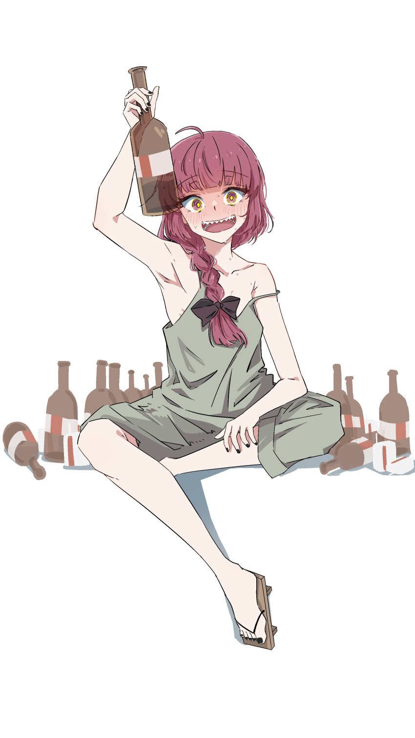 1girl @_@ absurdres ahoge alcohol armpits black_bow black_nails blunt_bangs bocchi_the_rock! bottle bow braid breasts collarbone dress drunk geta green_dress hair_bow hair_over_shoulder highres hiroi_kikuri homu_(homuplush) long_hair looking_at_viewer nail_polish open_mouth purple_hair sharp_teeth simple_background single_braid sitting small_breasts solo strap_slip sweat teeth white_background wine_bottle yellow_eyes