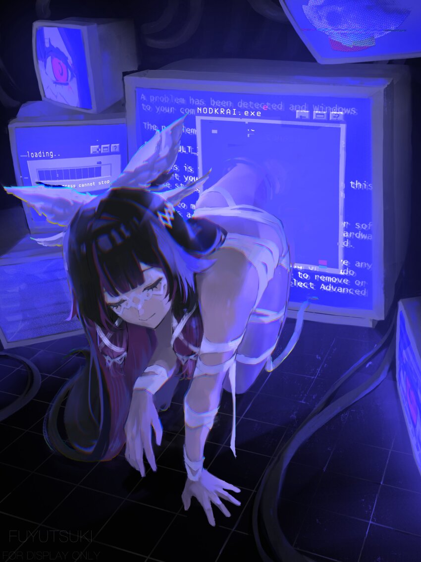 1girl absurdres bare_shoulders black_hair blue_screen_of_death closed_eyes columbina_(genshin_impact) eye_mask fuyutsuki11 genshin_impact hands_on_floor head_wings highres loading_screen long_hair mask monitor multicolored_hair pink_hair smile solo through_medium through_screen two-tone_hair white_wings wings