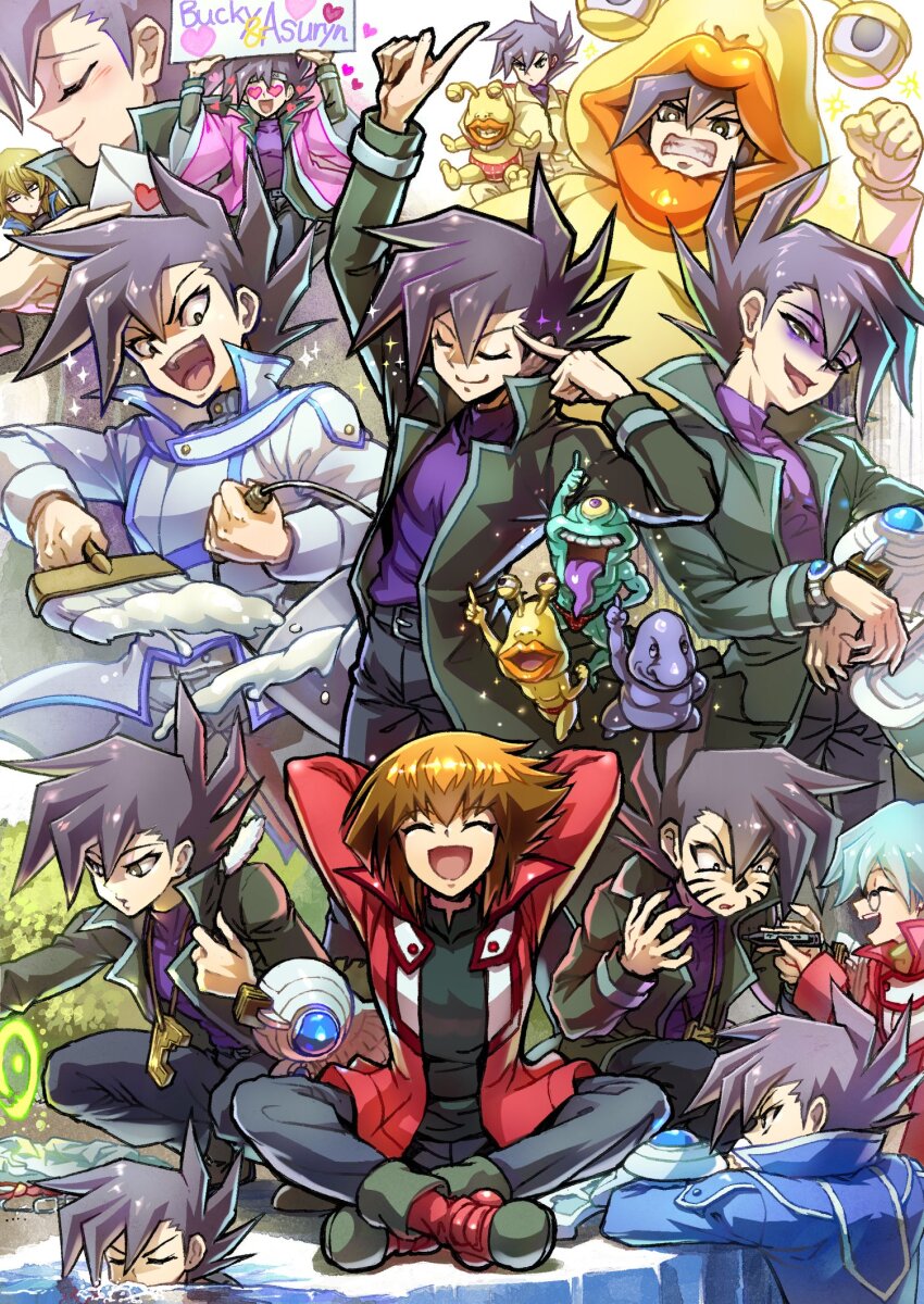 1girl 3boys angry annoyed arms_behind_head arms_up belt black_belt black_hair black_jacket black_pants black_shirt blonde_hair blue_hair blue_jacket blush boots bucket bush card cattail clenched_hand clenched_teeth closed_eyes coat commentary_request cosplay crossed_legs drawn_whiskers duel_disk duel_monster facial_mark facing_to_the_side fake_whiskers foliage glasses grey_eyes hand_up headband heart heart-shaped_eyes high_collar highres holding holding_bucket holding_marker holding_paintbrush holding_sign iceberg in_water jacket laughing long_sleeves male_swimwear manjoume_jun marker marufuji_sho multiple_boys multiple_views ocean ojama_black ojama_green ojama_yellow ojama_yellow_(cosplay) open_clothes open_jacket open_mouth orange_lips paint paintbrush pants parted_lips pink_robe plant pointing pointing_at_self pointing_up purple_shirt red_footwear robe round_eyewear shirt short_hair sign sitting smile spiked_hair squatting standing swim_briefs teeth tenjouin_asuka tongue tongue_out trading_card turtleneck water whisker_markings white_coat white_paint youko-shima yu-gi-oh! yu-gi-oh!_gx yuki_judai