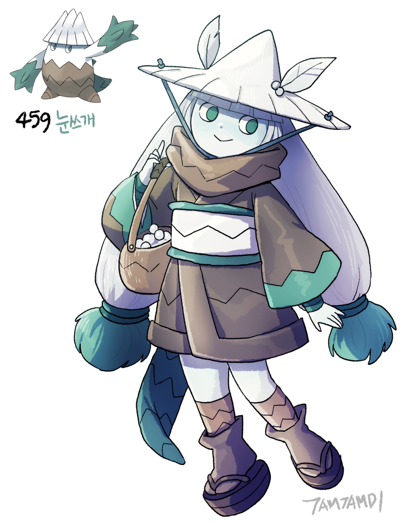 1girl blunt_bangs brown_kimono brown_scarf brown_socks closed_mouth colored_skin full_body game_freak gen_4_pokemon green_eyes hat_ornament highres japanese_clothes kimono leaf_hat_ornament long_hair long_sleeves nintendo personification pokemon pokemon_(creature) reference_inset sandals scarf simple_background smile snover socks tamtamdi translated very_long_hair white_background white_hair white_skin
