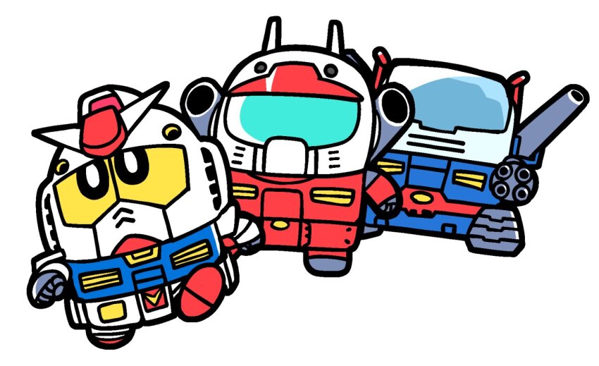 bkub caterpillar_tracks chibi chibi_only commentary guncannon gundam guntank mecha mecha_focus mobile_suit mobile_suit_gundam no_humans robot rx-78-2_gundam sd_gundam shoulder_cannon simple_background v-fin white_background