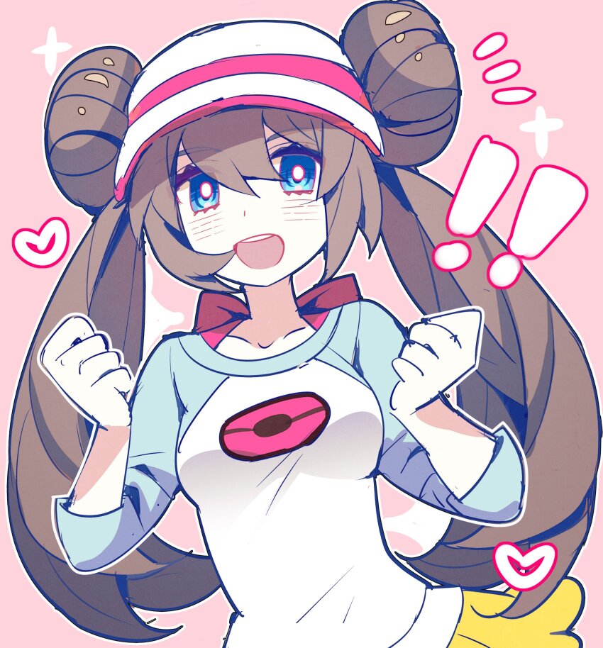 ! !! 1girl :d blue_eyes blush brown_hair commentary double_bun hair_between_eyes hair_bun heart highres long_hair nintendo open_mouth pink_background pkm_lemon pokemon pokemon_bw2 rosa_(pokemon) shirt smile solo symbol-only_commentary teeth three-quarter_sleeves twintails upper_body upper_teeth_only visor_cap