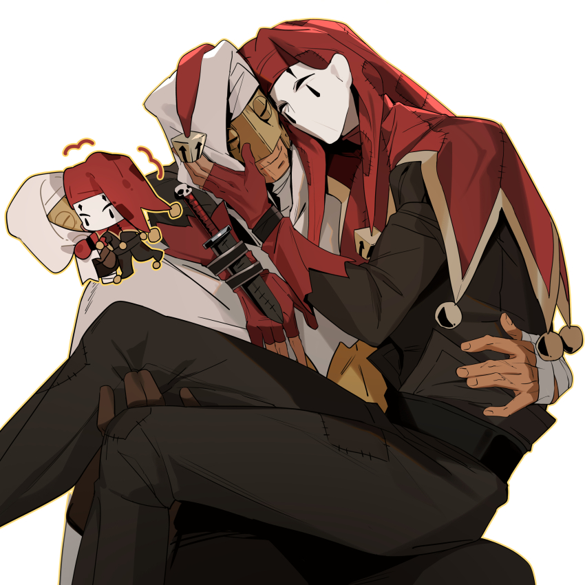 2boys ^_^ absurdres arm_around_waist armband bandaged_hand bandages bell belt black_belt black_pants black_shirt cape cheek-to-cheek chibi chibi_inset closed_eyes closed_mouth commentary_request dagger darkest_dungeon gloves half_mask hand_on_another&#039;s_face hat heads_together highres hood hood_up hooded_cape hug jester_(darkest_dungeon) jester_cap knife leper_(darkest_dungeon) long_sleeves male_focus mask multiple_boys on_lap pants partially_fingerless_gloves patchwork_clothes pimonoooo red_gloves red_hat shirt simple_background sitting smile weapon white_background white_cape white_mask