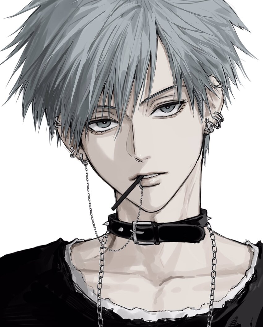 1boy black_choker blue_eyes blue_hair chain chain_necklace choker ear_piercing earrings face_piercing highres jewelry lip_piercing lips looking_at_viewer male_focus multiple_piercings nana_(series) necklace okazaki_shin&#039;ichi piercing portrait shirt short_hair simple_background solo spikes sso_s