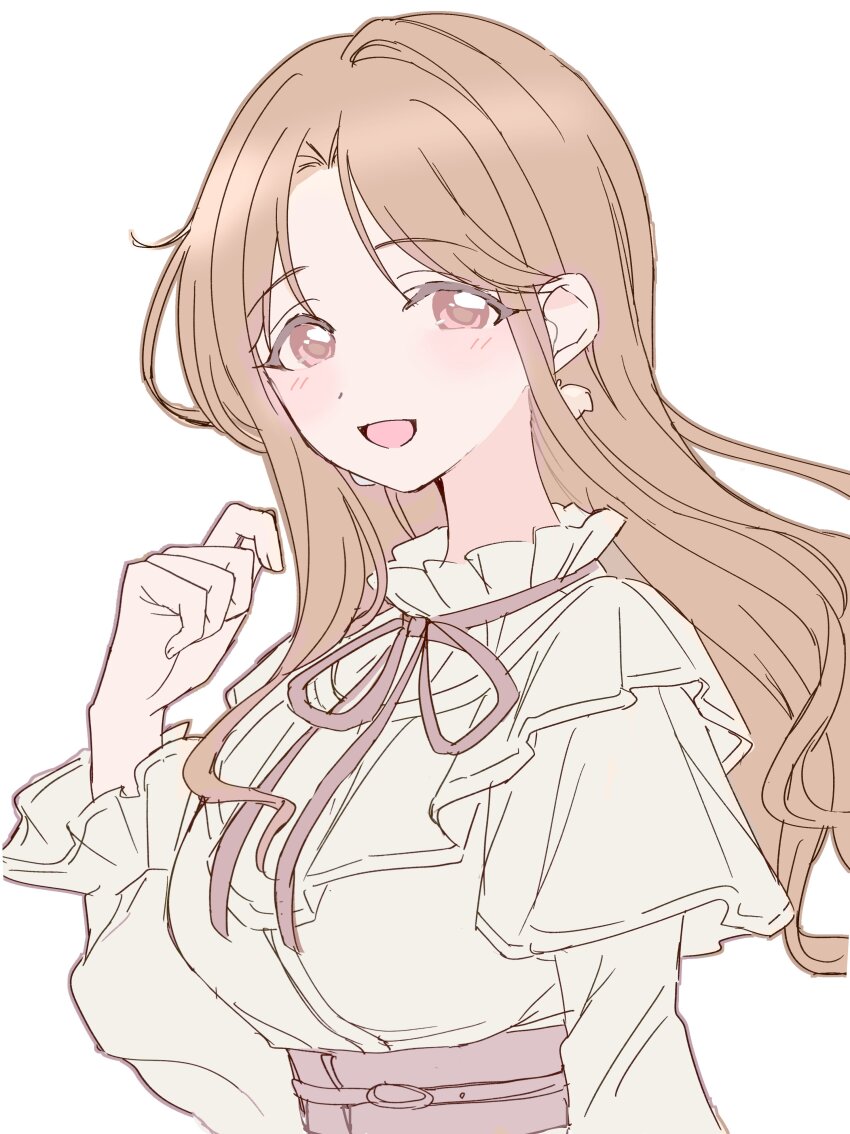 1girl absurdres aged_up blush breasts brown_hair highres ichikawa_hinana idolmaster idolmaster_shiny_colors kanipoposu large_breasts long_hair looking_at_viewer neck_ribbon ribbon shirt simple_background smile solo upper_body very_long_hair white_background white_shirt