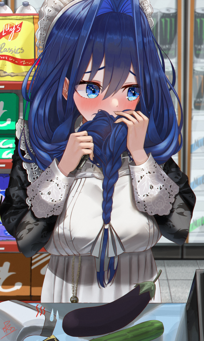 1girl absurdres apron bao_(pixiv_99415611) black_dress blue_eyes blue_hair blush braid cucumber dress eggplant grabbing_own_hair hair_intakes highres hololive hololive_english long_hair low_twin_braids maid maid_apron monster_energy official_alternate_costume official_alternate_hairstyle ouro_kronii solo twin_braids virtual_youtuber white_apron