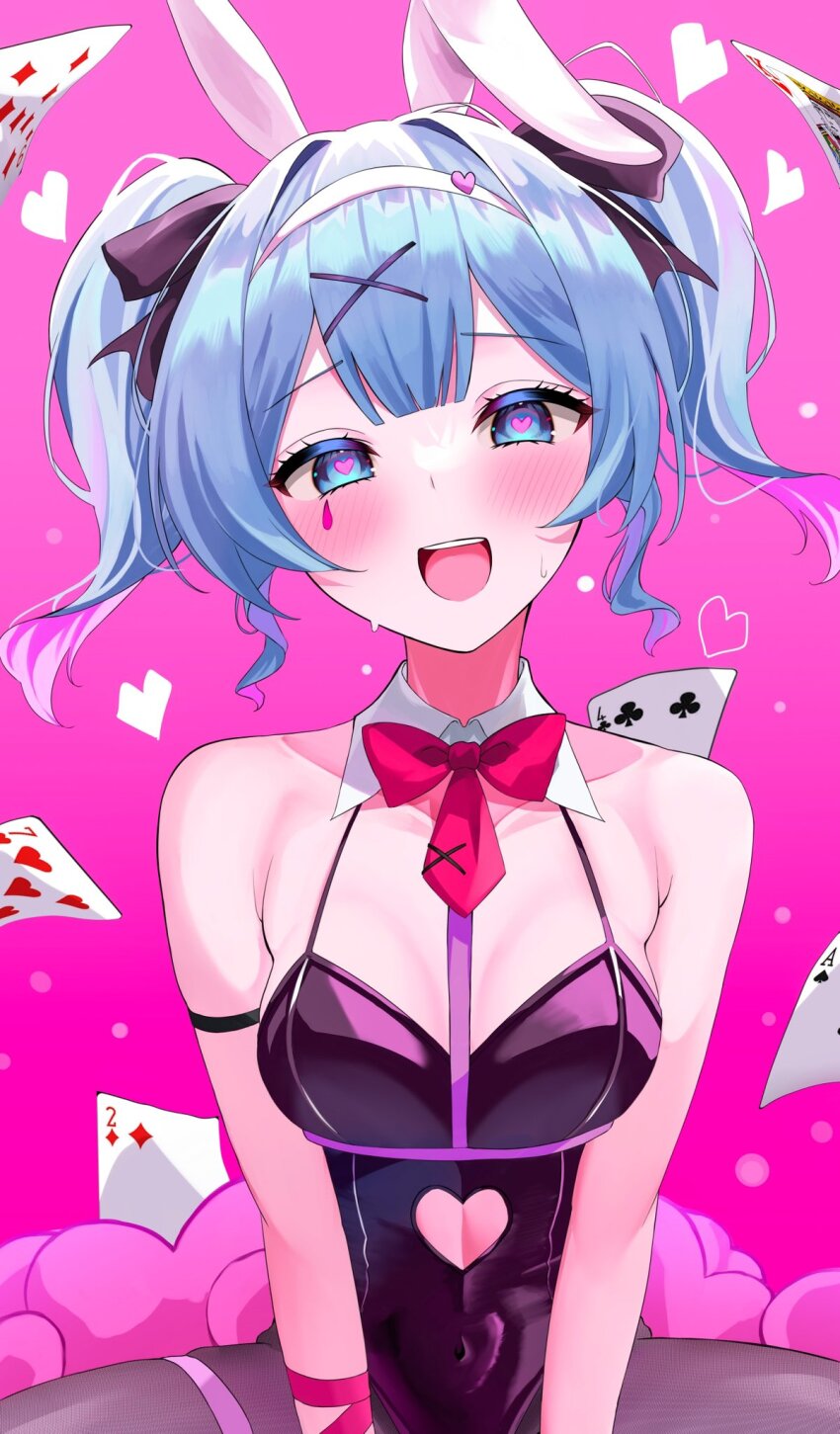 1girl ace_(playing_card) ace_of_spades animal_ears bare_shoulders blue_eyes blue_hair blush breasts card chest_harness clothing_cutout covered_navel cutout_above_navel fake_animal_ears fishnet_pantyhose fishnets four_of_clubs hair_ornament hairband harness hatsune_miku heart heart-shaped_pupils heart_cutout highres k0k0me king_(playing_card) king_of_hearts_(playing_card) leotard long_hair medium_breasts nine_of_clubs open_mouth pantyhose pink_background pink_hair pink_pupils playboy_bunny playing_card rabbit_ears rabbit_hole_(vocaloid) seven_of_hearts solo spade_(shape) symbol-shaped_pupils teeth tongue two_of_diamonds upper_body upper_teeth_only white_hairband x_hair_ornament