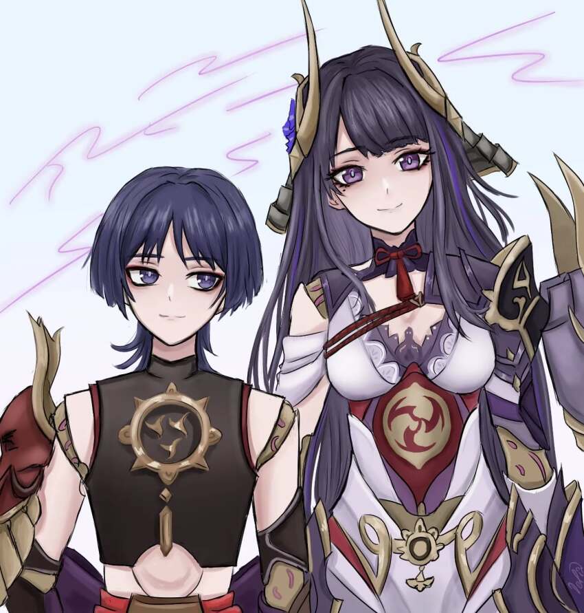 1boy 1girl armor arms_at_sides asymmetrical_clothes black_hair black_shirt blunt_bangs blunt_ends brother_and_sister closed_mouth cropped_shirt delisha_lia doll_joints electro_symbol_(genshin_impact) eyelashes eyeliner eyeshadow fake_horns genshin_impact gold grey_pupils height_difference helmet highres horns japanese_armor joints kabuto_(helmet) leaning_to_the_side long_hair looking_at_another looking_at_viewer makeup mitsudomoe_(shape) mole mole_under_eye multicolored_hair purple_eyes purple_hair purple_pupils purple_shrug raiden_shogun raiden_shogun_(magatsu_mitake_narukami_no_mikoto) red_eyeliner red_eyeshadow red_rope rope scaramouche_(genshin_impact) scaramouche_(shouki_no_kami)_(genshin_impact) shirt siblings signature single_sode sleeveless sleeveless_shirt smile split_mouth streaked_hair string swept_bangs tomoe_(symbol) very_long_hair white_background wispy_bangs