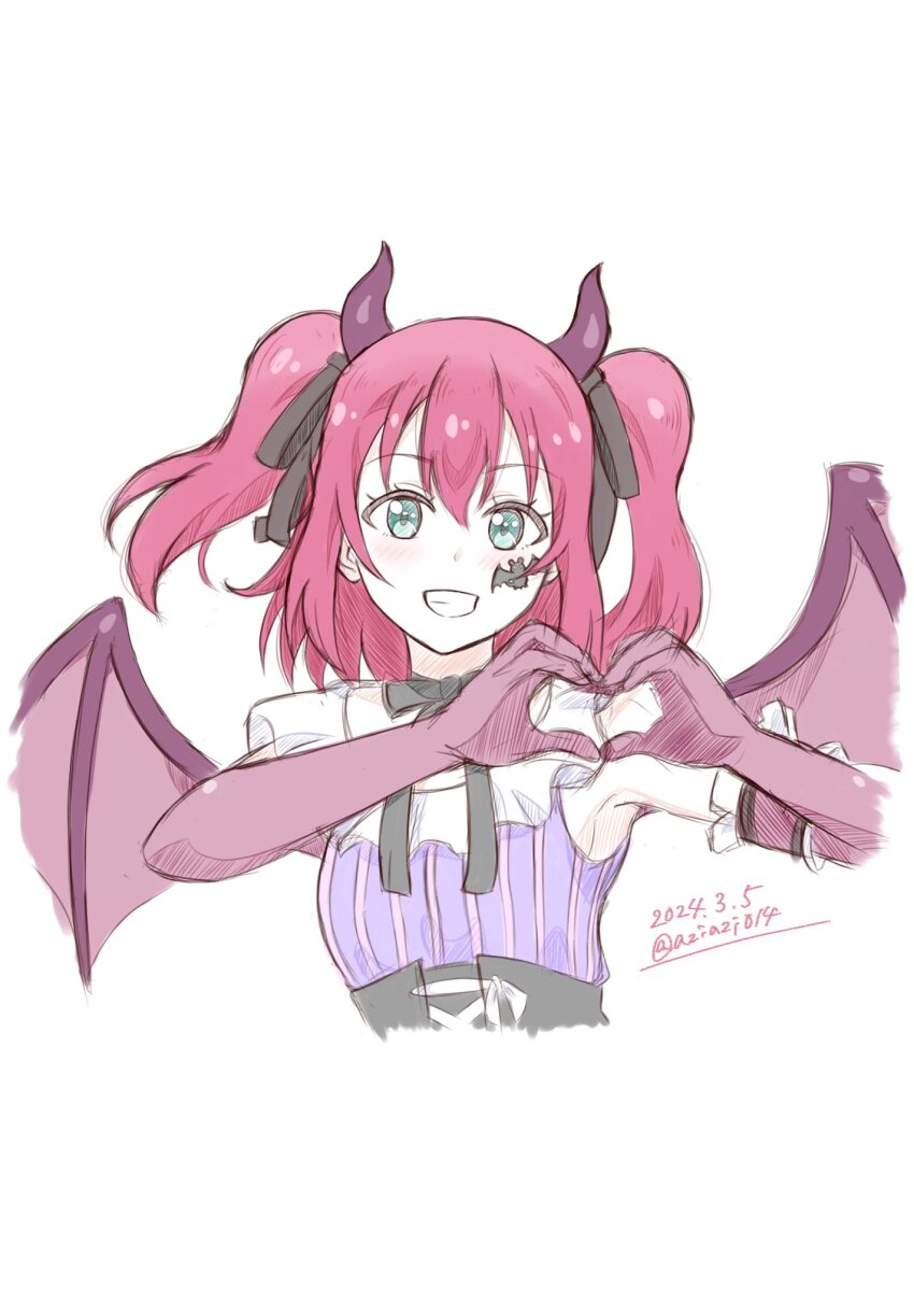 1girl aqua_eyes aziazi014 blush commentary_request cropped_torso dated demon_horns demon_wings elbow_gloves genjitsu_no_yohane gloves hair_between_eyes heart heart_hands highres horns kurosawa_ruby looking_at_viewer love_live! love_live!_sunshine!! medium_hair purple_gloves ruby_(genjitsu_no_yohane) sidelocks smile solo twintails two_side_up upper_body white_background wings