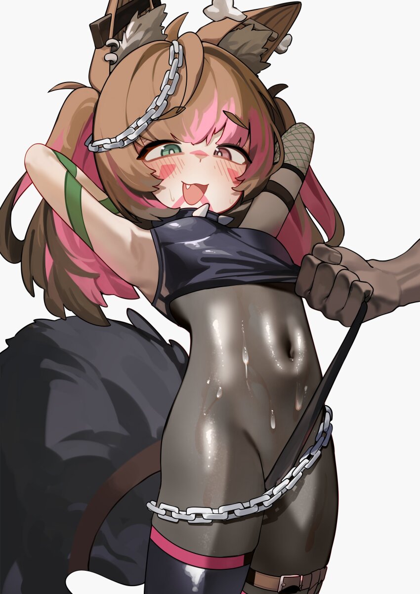 1boy 1girl :3 absurdres animal_ear_fluff animal_ears armpits arms_behind_head arms_up black_bodysuit bodysuit breasts brown_hair chain colored_inner_hair commentary cowboy_shot english_commentary fang fox_ears fox_girl fox_tail green_eyes heterochromia highres indie_virtual_youtuber kani_fish loli long_hair multicolored_hair navel nyudachi open_mouth pink_hair red_eyes second-party_source simple_background small_breasts solo_focus streaked_hair tail thick_eyebrows thighhighs two-tone_hair virtual_youtuber white_background