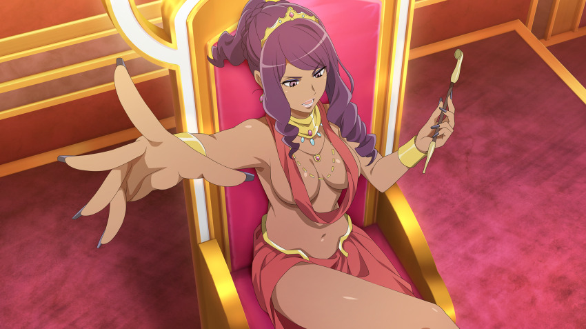 1girl anime_coloring arm_up bracelet breasts convenient_censoring curly_sidelocks danmachi_battle_chronicle dark-skinned_female dark_skin dungeon_ni_deai_wo_motomeru_no_wa_machigatteiru_darou_ka earrings eyeshadow from_above game_cg gold_bracelet gold_necklace gold_tiara highres holding holding_smoking_pipe ishtar_(danmachi) jewelry kiseru long_sidelocks makeup medium_breasts navel necklace non-web_source official_art open_mouth parted_bangs pink_lips purple_eyes purple_eyeshadow purple_hair purple_nails reaching reaching_towards_viewer red_sarong revealing_clothes sarong short_hair sidelocks sitting_on_throne smoking_pipe solo stomach