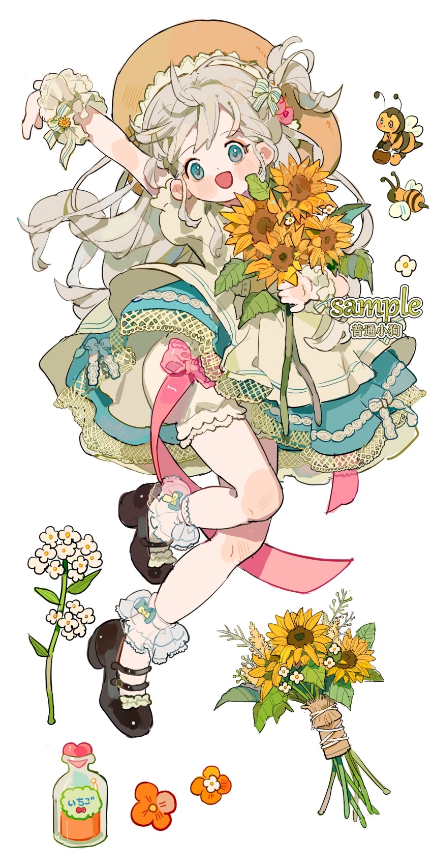 1girl absurdres ahoge ankle_garter arm_up artist_name bee black_shoes blonde_hair bloomers blue_bow blue_dress blue_eyes blush_stickers bouquet bow bow_legwear bug chinese_commentary commentary_request commission country_lolita dress eyelashes eyeshadow fishnets flower frilled_footwear frilled_sleeves frills full_body hair_bow hair_flower hair_ornament hat highres holding holding_bouquet honey insect lace lace-trimmed_dress lace-trimmed_headwear lace_trim layered_dress lolita_fashion long_hair looking_at_viewer makeup mary_janes one_side_up open_mouth orange_flower original outstretched_arm pink_bow pink_eyeshadow pink_flower pink_rose puffy_short_sleeves puffy_sleeves putong_xiao_gou rose sample_watermark shoes short_sleeves simple_background smile socks solo striped_bow sun_hat sunflower two-tone_bow underwear watermark white_background white_bloomers white_bow white_dress white_flower white_socks white_wrist_cuffs wrist_cuffs yellow_flower yellow_hat