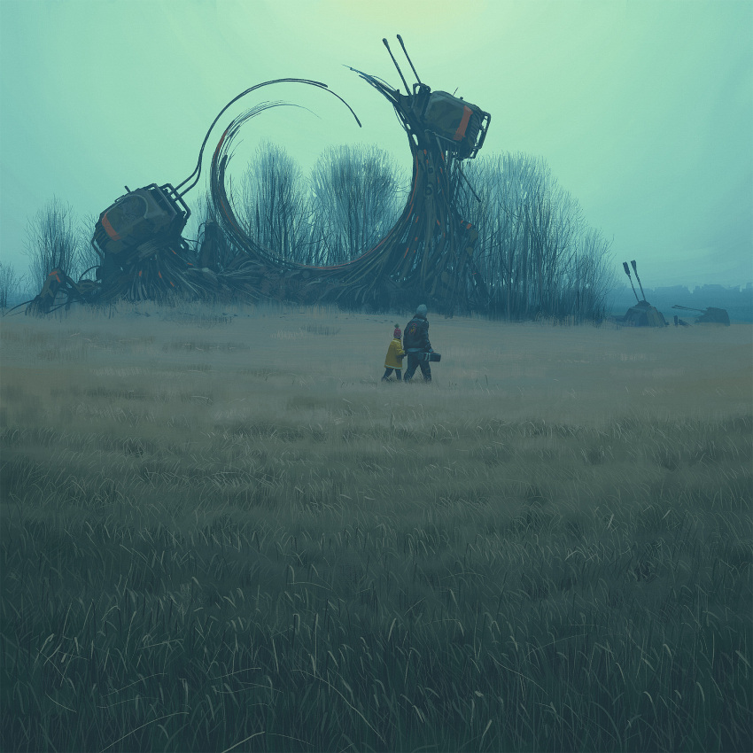 1boy 1other black_jacket cable child coat grass gun haze highres hood hood_up jacket leather leather_jacket military_vehicle outdoors science_fiction simon_stalenhag swirl the_labyrinth tree weapon yellow_coat