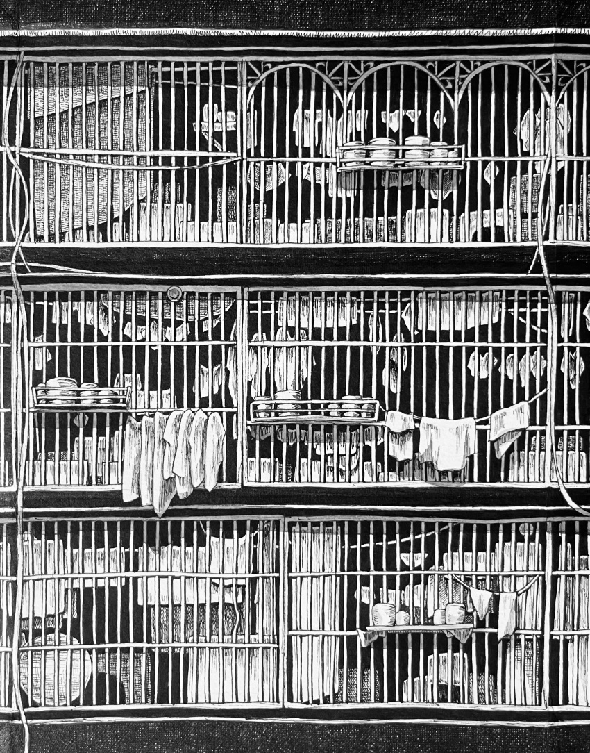 absurdres alley building clothesline commentary crosshatching dish_rack greyscale hatching_(texture) highres hong_kong ibsukionsen kowloon_walled_city linear_hatching monochrome no_humans original outdoors plate real_world_location scenery traditional_media