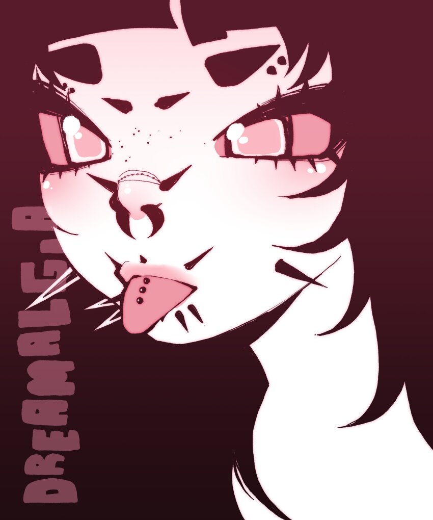 absurdres artist_name black_hair blush bridge_piercing cheek_piercing colored_sclera dimple_piercing dreamalgia eyebrow_piercing eyelashes freckles highres lip_piercing lips long_hair nose_piercing nose_ring original pale_skin piercing pink_lips pink_sclera solo thick_eyebrows tongue tongue_out tongue_piercing