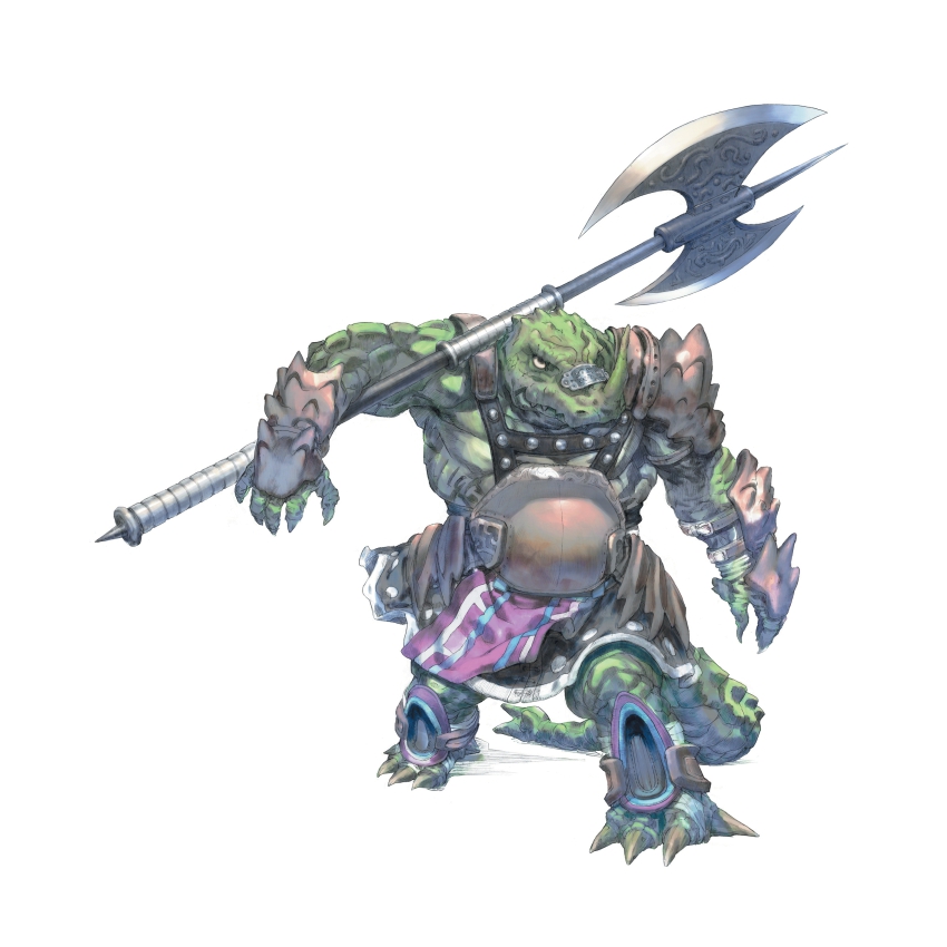 1boy absurdres armor armpits axe brave_story brave_story:_aratanaru_tabibito claws colored_skin double_bladed_axe double_headed_battle_axe greaves green_skin halberd highres horns huge_weapon lizard loincloth male_focus monster muscular official_art polearm scales simple_background single_horn sogreth solo spikes standing tail weapon yasuda_akira