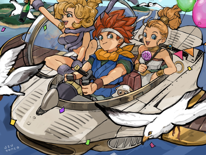 1boy 2girls arm_warmers artist_name ayla_(chrono_trigger) balloon bare_arms bare_shoulders bird blonde_hair blue_eyes blue_tunic bottle candy cavewoman chrono_trigger closed_mouth commentary confetti crono_(chrono_trigger) curly_hair epoch fake_tail flying food forehead headband highres holding holding_bottle holding_candy holding_food holding_lollipop island katana lollipop long_hair looking_at_viewer marle_(chrono_trigger) multiple_girls ocean open_mouth outdoors ponytail red_hair shadow short_hair sitting spacecraft spiked_hair sword tail teeth toned toned_male tunic upper_body upper_teeth_only uzutanco v-shaped_eyebrows weapon white_bird white_headband wine_bottle