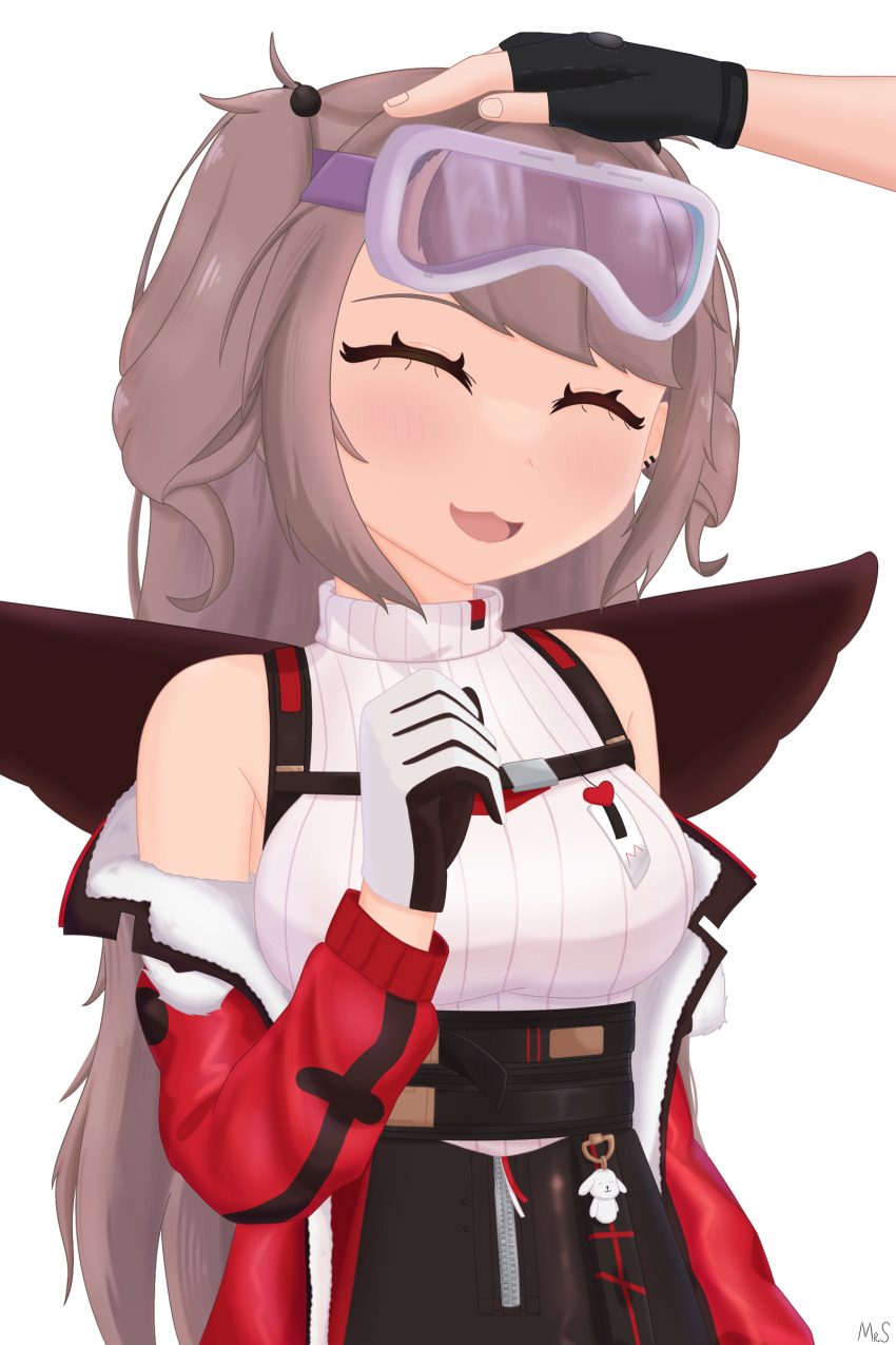1girl absurdres bare_shoulders brown_hair closed_eyes fingerless_gloves framed_breasts fur-trimmed_jacket fur_trim girls&#039;_frontline gloves goggles hand_on_another&#039;s_head headpat highres jacket mr.something off_shoulder open_mouth red_jacket ski_goggles smile ssg3000_(girls&#039;_frontline) sweater_vest white_gloves wings