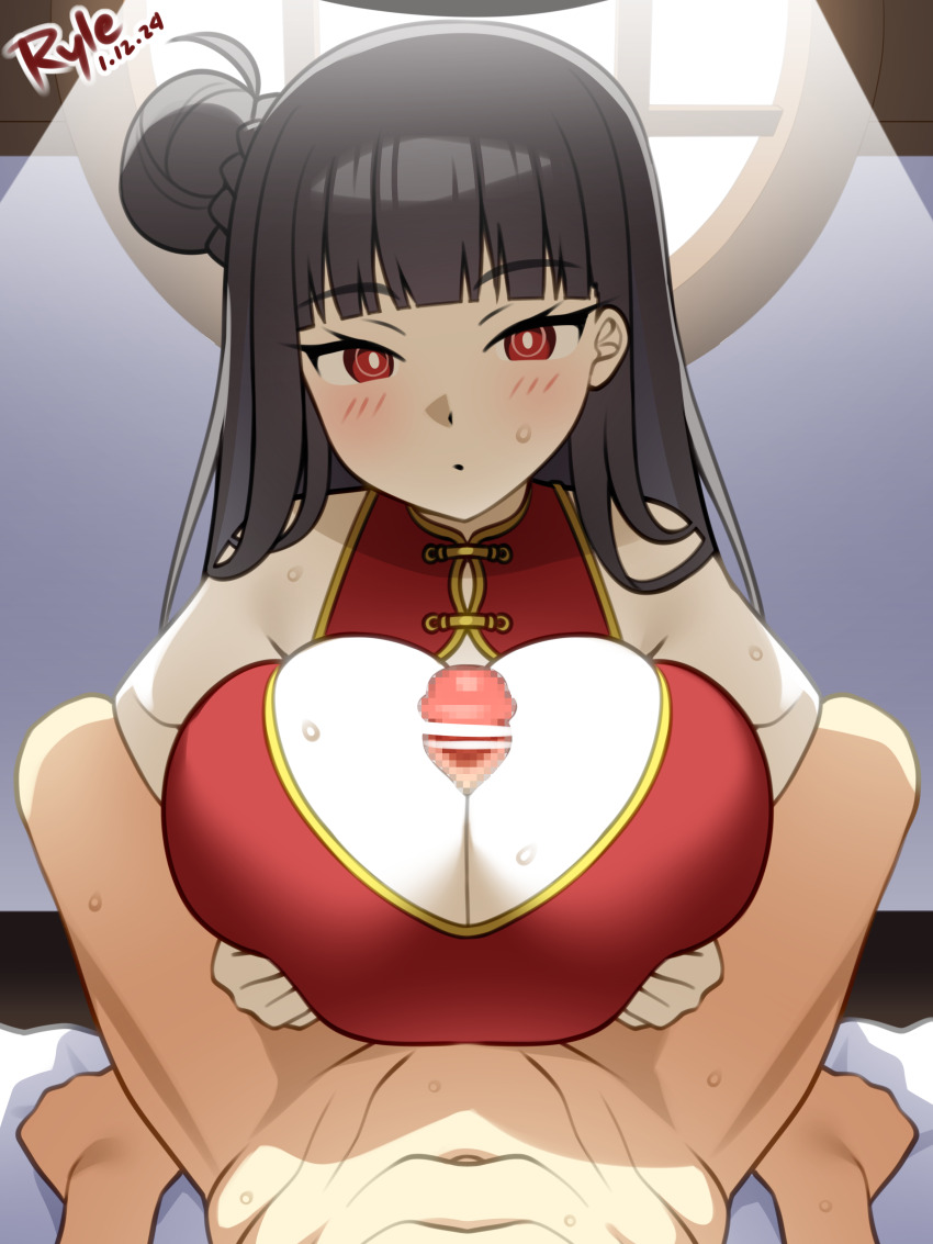 1boy 1girl :o absurdres alternate_costume alternate_hairstyle artist_name bar_censor bare_shoulders black_hair blue_archive blunt_bangs blush breasts breasts_squeezed_together bright_pupils censored china_dress chinese_clothes cleavage_cutout clothing_cutout commentary dated dress english_commentary hair_bun hetero highres huge_breasts indoors long_hair looking_at_viewer mosaic_censoring navel paizuri paizuri_under_clothes penis pov pov_crotch red_dress red_eyes rio_(blue_archive) ryle single_hair_bun skindentation solo_focus sweat white_pupils window