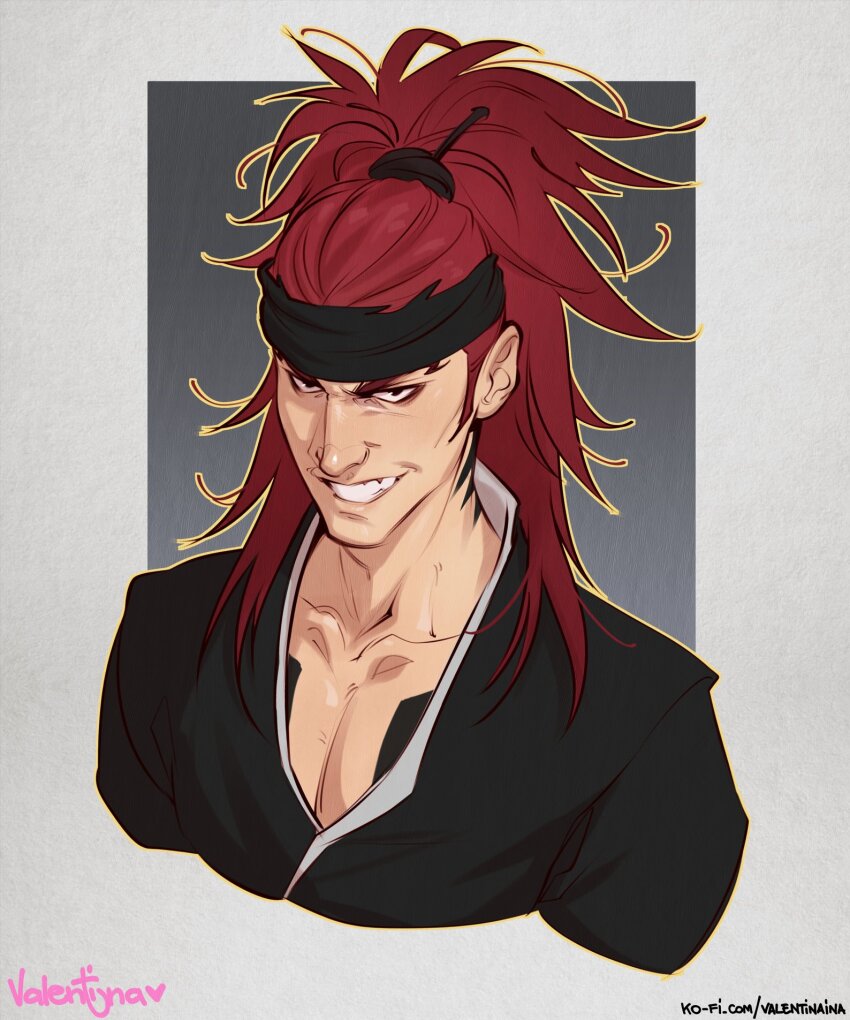 1boy abarai_renji artist_name black_headband black_kimono bleach grin headband highres japanese_clothes kimono ko-fi_username looking_at_viewer male_focus ponytail portrait red_hair signature smile solo valentina_tavolilla watermark web_address