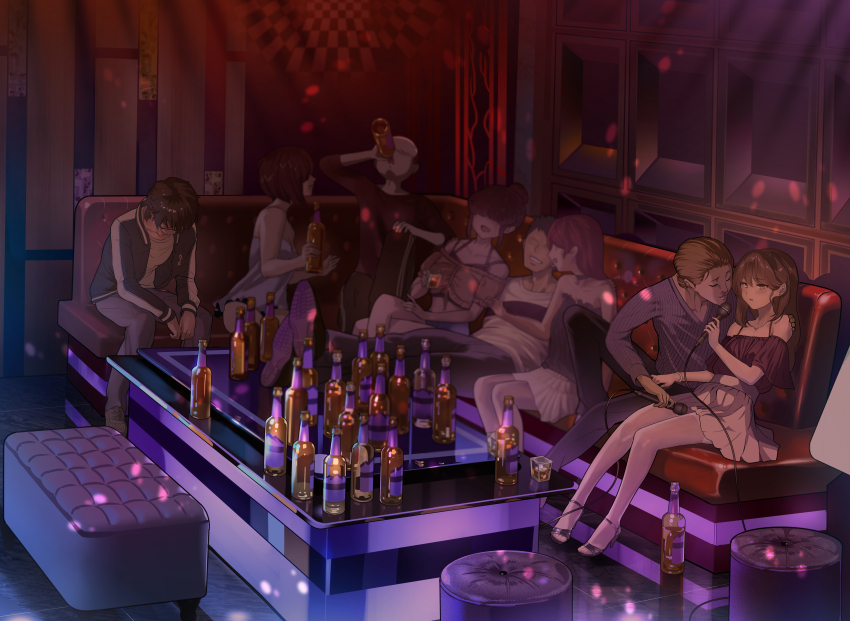 4boys 4girls absurdres alcohol bare_shoulders bottle breasts brown_hair cleavage cup dress drinking drinking_glass glasses hair_over_eyes hand_on_another&#039;s_shoulder high_heels highres holding holding_bottle holding_cup holding_microphone jacket microphone midriff multiple_boys multiple_girls netorare nightclub original red_hair shot_glass sitting skirt v-neck white_skirt yewang19