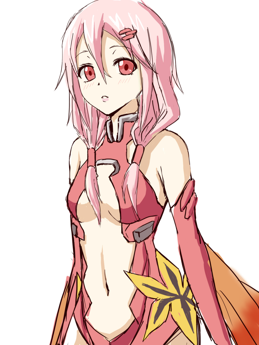 10s 1girl bare_shoulders breasts center_opening cleavage detached_sleeves elbow_gloves female_focus gloves guilty_crown hair_ornament hairclip heikichi highres kusakabelover long_hair looking_at_viewer navel pink_hair red_eyes small_breasts solo twintails yuzuriha_inori