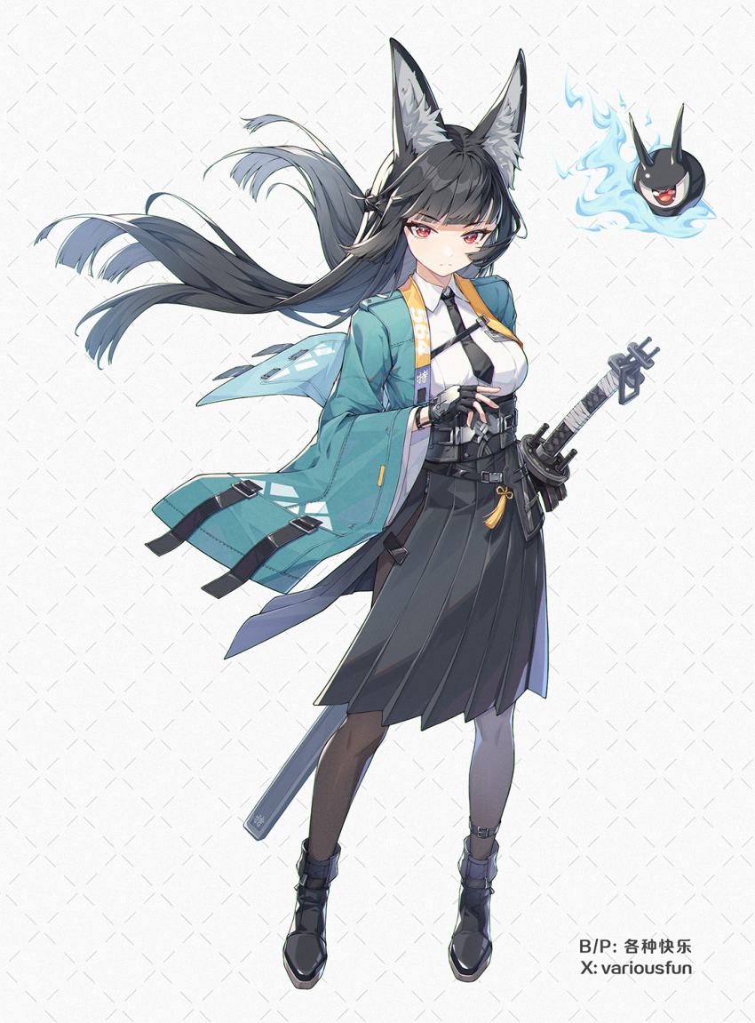 1girl animal_ear_fluff animal_ears black_boots black_gloves black_hair black_necktie black_pantyhose black_skirt blunt_bangs boots closed_mouth dress_shirt expressionless fingerless_gloves floating_hair fox_ears fox_girl ge_zhong_kuaile gloves green_jacket high-waist_skirt highres hoshimi_miyabi jacket long_hair looking_at_viewer necktie pantyhose red_eyes shirt sidelocks simple_background single_fingerless_glove skirt solo standing sword weapon white_shirt zenless_zone_zero