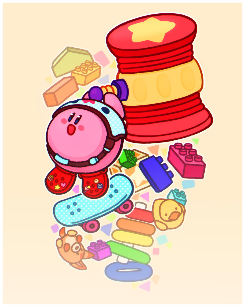 awoofy biskyfresh commentary crocs english_commentary hammer_kirby helmet highres holding kirby kirby_(series) kirby_and_the_forgotten_land lego nintendo no_humans open_mouth red_footwear simple_background skateboard smile toy_hammer toy_hammer_kirby yellow_background