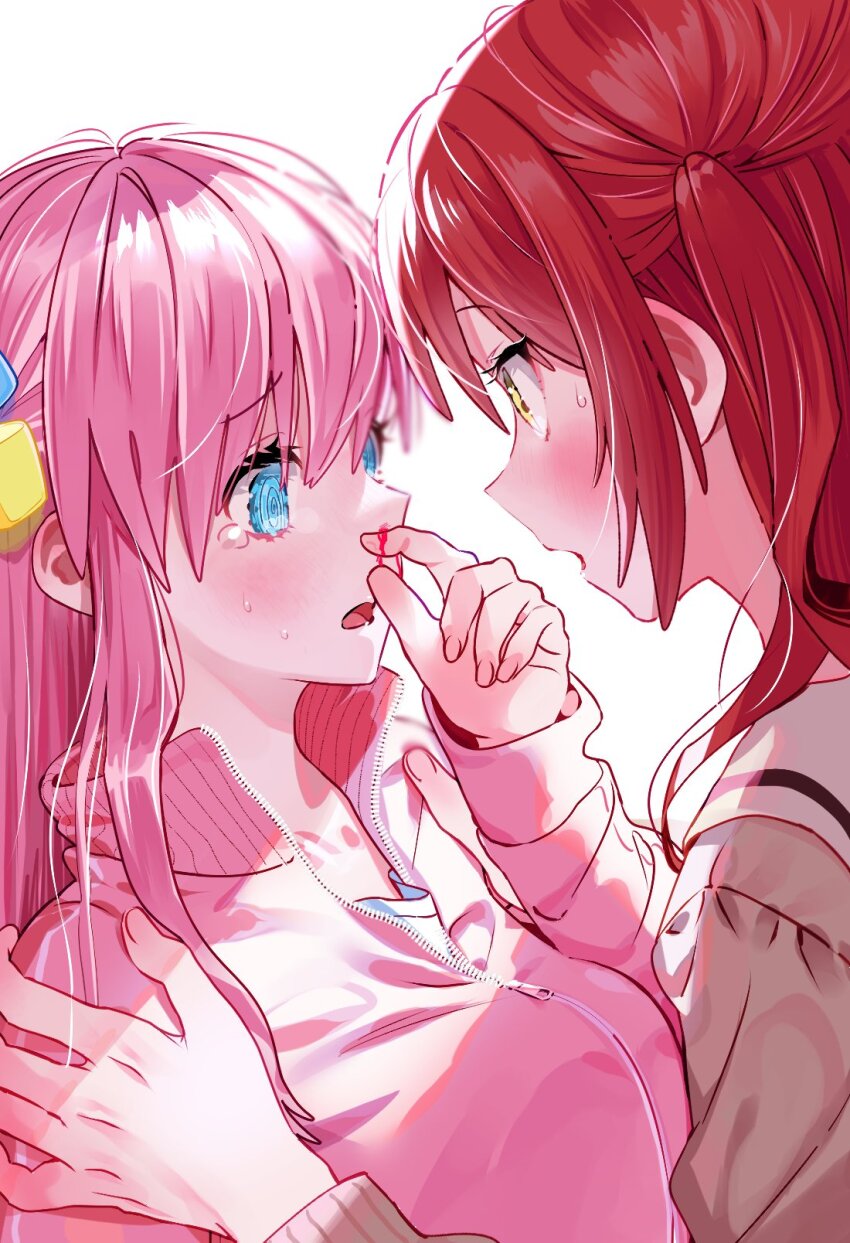 2girls blood blue_eyes blush bocchi_the_rock! brown_shirt cube_hair_ornament finger_to_own_nose gotoh_hitori hair_ornament hands_on_another&#039;s_shoulders highres jacket kita_ikuyo long_hair looking_at_another multiple_girls nosebleed open_mouth pink_hair pink_jacket red_hair sailor_collar school_uniform shirt track_jacket white_background white_sailor_collar yellow_eyes yuri zihacheol