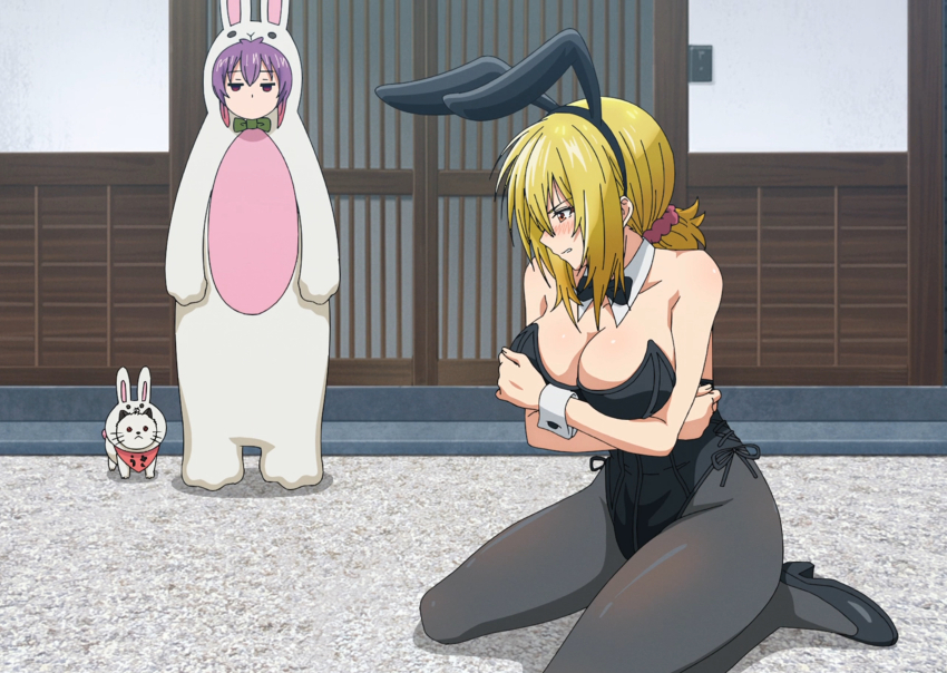 2girls animal animal_ears anime_screenshot aoba_kurage aoba_tsukuyo arms_under_breasts bare_shoulders black_leotard black_pantyhose blonde_hair blush breasts cat cleavage collarbone fake_animal_ears hair_ornament hair_scrunchie highleg highleg_leotard highres large_breasts leotard multiple_girls neckerchief no_bra nyagosuke pantyhose pink_scrunchie playboy_bunny purple_hair rabbit_ears red_eyes scrunchie short_hair siblings sisters stitched temple_(series) thighs third-party_edit wrist_cuffs