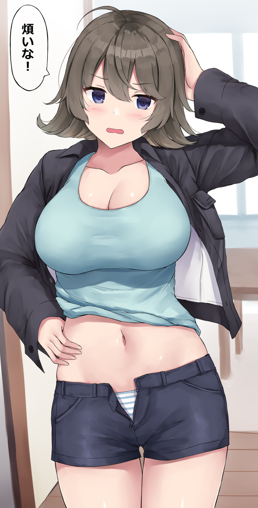 1girl ahoge black_jacket black_shorts blush breasts brown_hair cleavage collarbone collared_jacket commentary_request cowboy_shot flipped_hair grey_eyes hand_on_own_head hand_on_own_hip highres jacket large_breasts midriff mizunashi_kenichi navel open_clothes open_fly open_jacket original paid_reward_available panties shirt_rolled_up short_hair short_shorts shorts solo speech_bubble striped_clothes striped_panties translation_request underwear