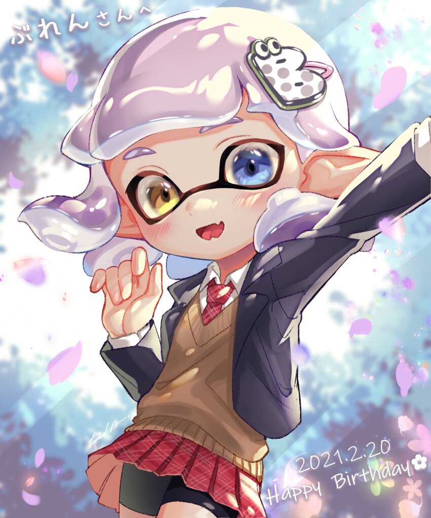 1girl 2021 black_shorts blazer blue_eyes blue_jacket blunt_bangs blurry blurry_background blush brown_sweater_vest collared_shirt commentary_request cowboy_shot dated falling_petals fangs gift_art hair_behind_ear hair_ornament hairclip happy_birthday heterochromia highres inkling inkling_girl inkling_player_character iria_(yumeirokingyo) jacket long_sleeves medium_hair necktie nintendo open_clothes open_jacket open_mouth outstretched_arm petals pink_petals plaid_clothes plaid_necktie pleated_skirt pointy_ears purple_hair red_necktie red_skirt school_uniform shirt shorts shorts_under_skirt signature skin_fangs skirt smile solo splatoon_(series) sweater_vest tentacle_hair white_shirt yellow_eyes