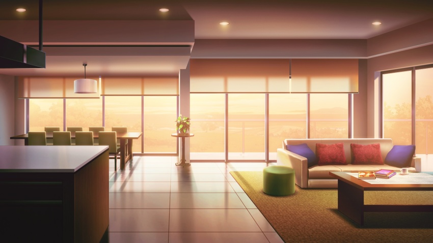 apartment book carpet ceiling_light chair couch dining_room footrest glowing highres indoors no_humans non-web_source official_art our_life:_beginnings_and_always pillow plant potted_plant railing reflective_floor scenery sunlight sunset table tile_floor tiles tree variant_set window_light window_shutter wooden_chair wooden_table