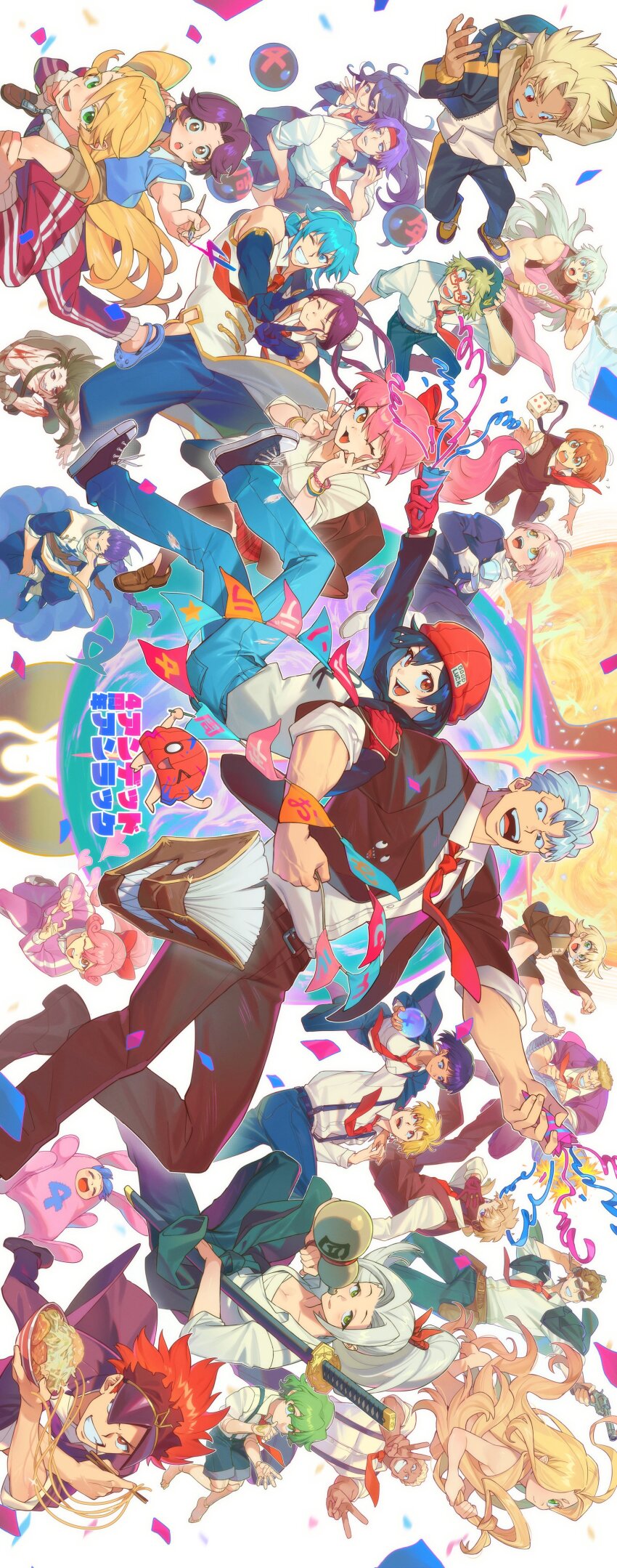 6+boys 6+girls absurdres andy_(undead_unluck) animal_costume anno_un_(undead_unluck) apron backs_(undead_unluck) barefoot billy_alfred black_gloves black_hair black_suit blonde_hair blue_eyes blue_hair bodysuit book bottle bow bracelet braid brown_eyes brown_hair brown_vest chikara_shigeno chinese_clothes chopsticks clothes_writing confetti copyright_name creed_(undead_unluck) cup double_bun elbow_gloves enjin_(undead_unluck) facial_hair feng_(undead_unluck) formal_clothes gina_(undead_unluck) glasses gloves goatee green_eyes green_hair gun hair_bow hair_bun handgun haruka_yamaoka highres holding holding_chopsticks holding_cup holding_gun holding_pen holding_sword holding_weapon ichiko_nemuri injury izumo_fuuko juiz_(undead_unluck) kurusu_sadako latla_mirah long_hair lucy_(undead_unluck) medium_hair mui_(undead_unluck) multiple_boys multiple_bracelets multiple_girls muscular muscular_female necktie nico_vorgeil on_cloud open_mouth party_popper pen phil_(undead_unluck) pink_apron pink_hair ponytail prosthesis prosthetic_arm prosthetic_leg purple_hair qin_(7833198) rabbit_costume red_bow red_gloves red_hair red_headwear red_necktie revolver rip_(undead_unluck) ruin_(undead_unluck) sake_bottle sean_datz shen_(undead_unluck) shirt short_hair smile suit sunglasses sword tatiana_(undead_unluck) teacup teeth tella_(undead_unluck) tongue tongue_out top_bull_sparx undead_unluck v vest void_volks weapon white_gloves white_hair white_shirt yellow_eyes yusai_(undead_unluck)