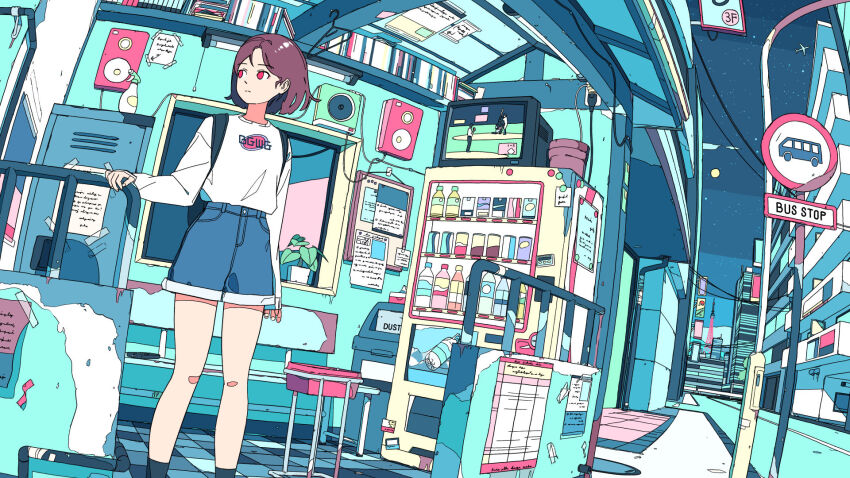 1girl absurdly_detailed_composition aircraft airplane akabane_1999 backpack bag bench black_socks blue_shorts building bus_stop complex_exterior electrical_outlet highres locker medium_hair night night_sky original plant potted_plant red_eyes road road_sign shirt shorts sign sky socks television vase vending_machine white_shirt