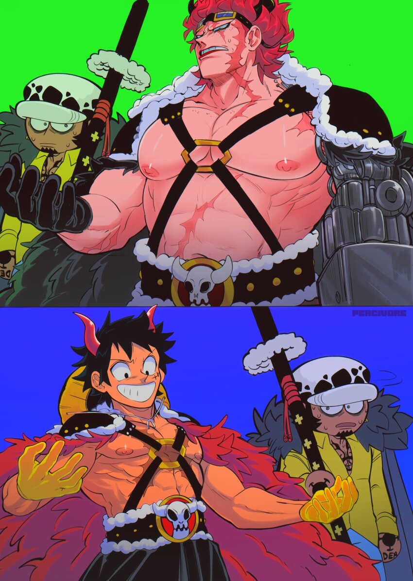 3boys abs bara bare_pectorals constricted_pupils cowboy_shot deformed eustass_kid facial_hair from_side girl_staring_at_guy&#039;s_chest_(meme) goatee goggles goggles_on_head grin highres horns large_pectorals looking_ahead looking_at_another looking_at_pectorals male_focus meme monkey_d._luffy multiple_boys muscle_envy muscular muscular_male nipples o-ring o-ring_top official_alternate_costume one_piece over_shoulder pectorals percivore red_hair scar short_hair smile strongman_waist sword sword_over_shoulder tareme toned toned_male trafalgar_law tsurime weapon weapon_over_shoulder wide-eyed yaoi