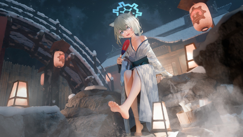 1girl 3d absurdres animal_ears barefoot blue_archive fan feet highres japanese_clothes looking_at_viewer medium_hair mr_ito onsen open_mouth shigure_(blue_archive) soles splashing toes