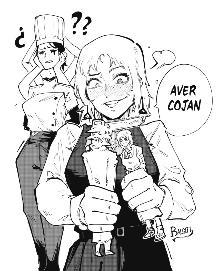 ? ?? apron arthropod_limbs artist_name black_apron black_blood black_hair black_tears blood blood_drip blood_from_mouth bloody_tears blush breasts chainsaw_man chef chef_hat collared_shirt crying disembodied_head dress earrings extra_arms fake_chainsaw_man falling_devil_(chainsaw_man) fami_(chainsaw_man) female_pervert flat_top_chef_hat fourth_east_high_school_uniform greyscale hair_between_eyes hat highres holding_detached_head jewelry large_breasts long_arms messy_hair mole mole_under_eye mole_under_mouth monochrome multiple_girls multiple_moles neck_ribbon open_mouth pervert pinafore_dress ribbon ringed_eyes school_uniform severed_head shirt short_hair signature simple_background sleeveless sleeveless_dress spanish_text tassel tassel_earrings teeth translated twitter_username victorbalgitt white_haired_girl_(chainsaw_man) white_shirt