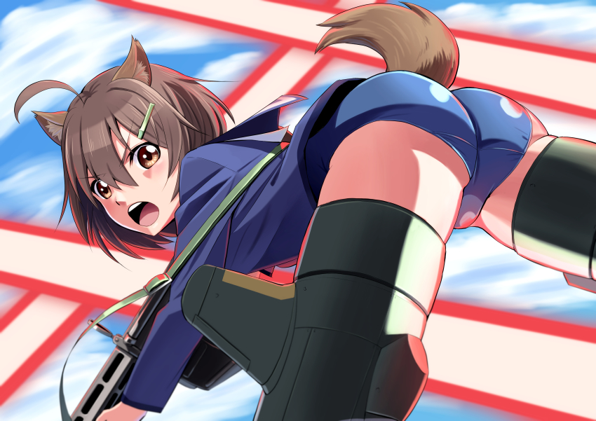 1girl absurdres animal_ears ass beam blue_one-piece_swimsuit blush brave_witches brown_eyes brown_hair dress flying gun hair_between_eyes hair_ornament hairclip hasegawa_(hase_popopo) highres karibuchi_hikari military military_uniform one-piece_swimsuit open_mouth rifle sailor_dress short_hair sky solo squirrel_ears squirrel_tail striker_unit swimsuit tail teeth upper_teeth_only weapon world_witches_series