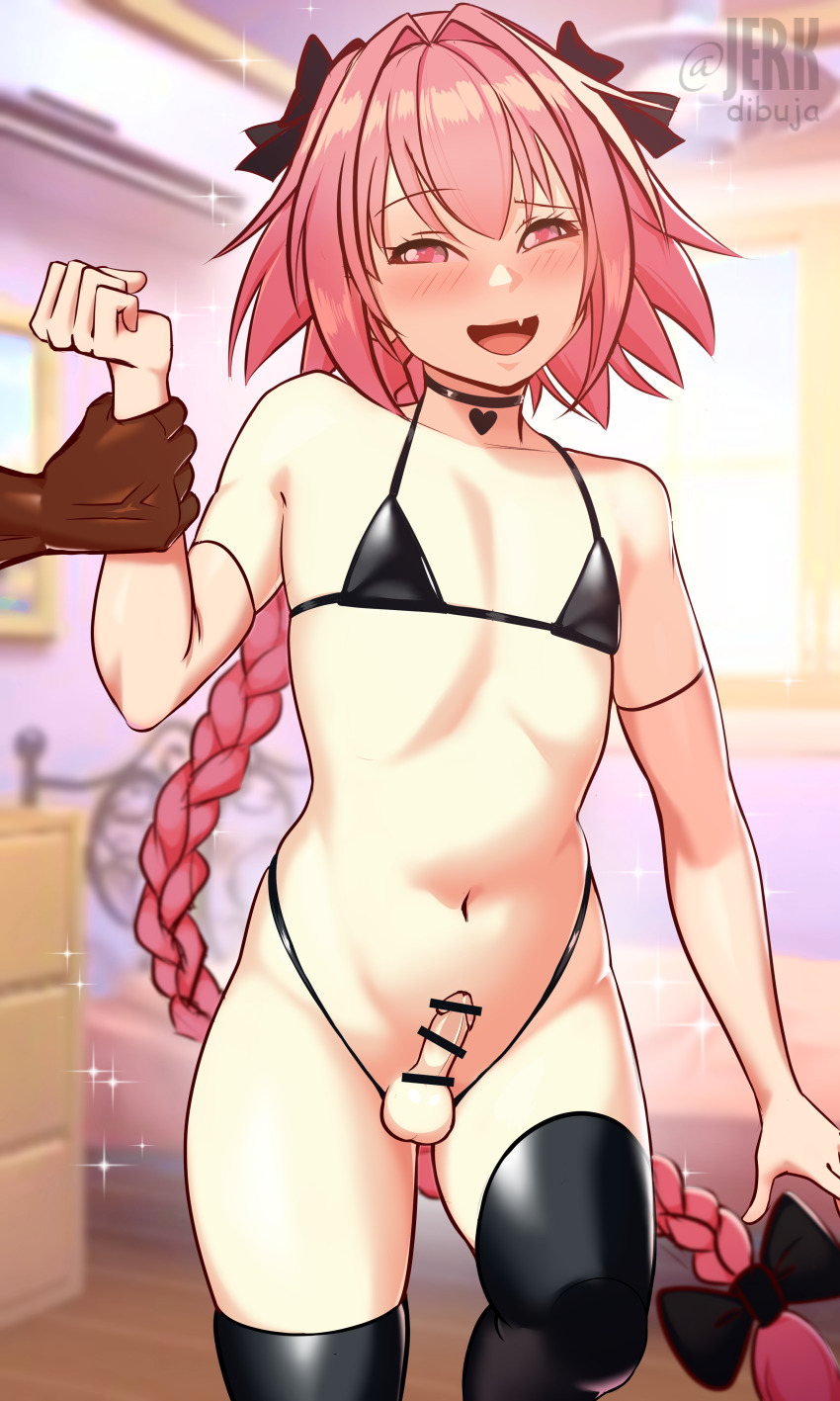 2boys :d absurdres apervertguy astolfo_(fate) bar_censor bare_shoulders bed bedroom bikini black_bikini black_bow black_choker black_thighhighs blurry blurry_background blush bow bowtie braid braided_ponytail censored choker dark-skinned_male dark_skin elbow_gloves fang fate/apocrypha fate_(series) gloves hair_bow heart heart-shaped_pupils highres holding_another&#039;s_wrist jerkdibuja long_hair male_focus multiple_boys open_mouth penis pink_eyes pink_hair smile spanish_commentary swimsuit symbol-shaped_pupils testicles textless_version thighhighs trap very_long_hair yaoi