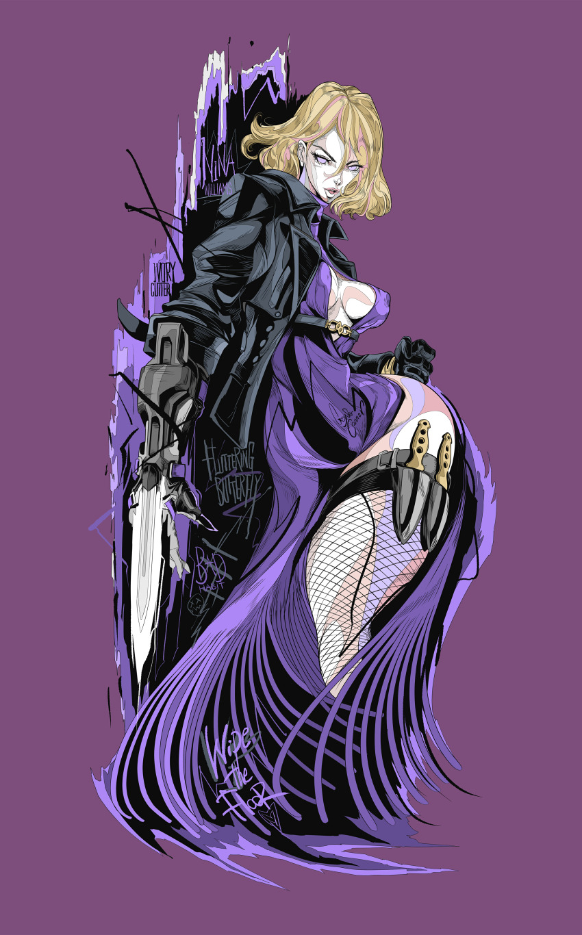 1girl absurdres black_gloves black_jacket blonde_hair breasts character_name cleavage_cutout clenched_hand clothing_cutout covered_erect_nipples cropped_legs fishnet_thighhighs fishnets gloves highres holster jacket knife looking_ahead medium_breasts nina_williams non-web_source official_art open_mouth purple_background purple_eyes short_hair solo teeth tekken tekken_8 thigh_holster thighhighs upper_teeth_only wolfmarker