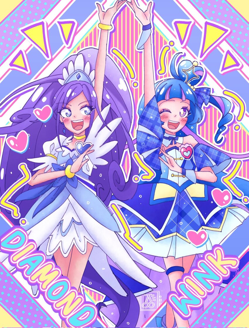 2girls aokaze_nana blue_bow blue_eyes blue_hair boots bow bracelet brooch character_name cherrieflavors choker cure_diamond cure_wink detached_sleeves dokidoki!_precure dress earrings hair_bun hair_ornament heart heart_brooch heart_hair_bun high_ponytail highres hishikawa_rikka idol_heart_brooch jewelry kimi_to_idol_precure long_hair magical_girl multiple_girls one_eye_closed open_mouth ponytail precure skirt smile