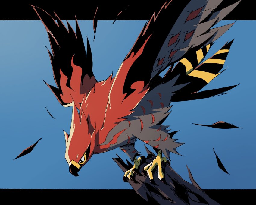 absurdres beak bird black_feathers blue_background feathers full_body gen_6_pokemon highres nintendo no_humans pokemon pokemon_(creature) red_feathers simple_background solo talonflame talons venom_eno