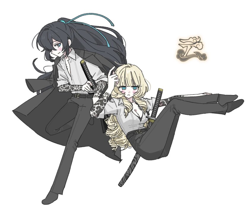 1boy 1girl aqua_ribbon arm_tattoo black_hair black_pants blonde_hair blue_eyes closed_mouth collared_shirt curly_hair drill_hair grey_shirt hair_ribbon half_updo hamlet_(w5) hong_lu_(project_moon) kurokumo_clan_(identity)_(project_moon) legs_up limbus_company long_hair oc_x_canon pants project_moon ribbon shirt sidelocks simple_background tattoo very_long_hair w5 white_background