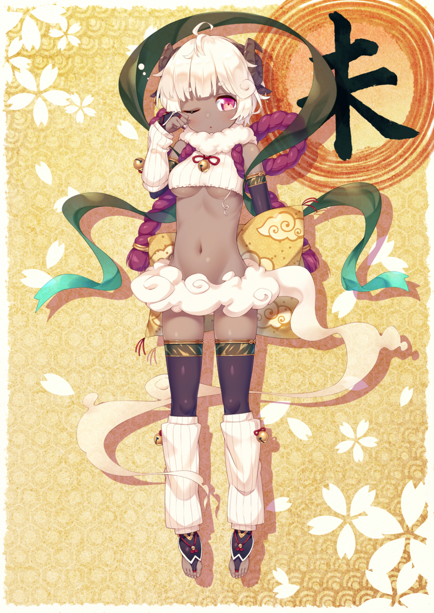 1girl ahoge animal_ears bell black_sleeves black_socks bottomless breasts chinese_zodiac cleavage convenient_censoring crop_top dark-skinned_female dark_skin detached_sleeves female_focus full_body groin highres horns jingle_bell kazuma_(kazumav) kneehighs navel one_eye_closed original pillow pink_eyes rope rubbing_eyes sheep_ears sheep_horns shirt short_hair sleepy socks solo thighhighs toes underboob white_hair white_shirt white_socks wool