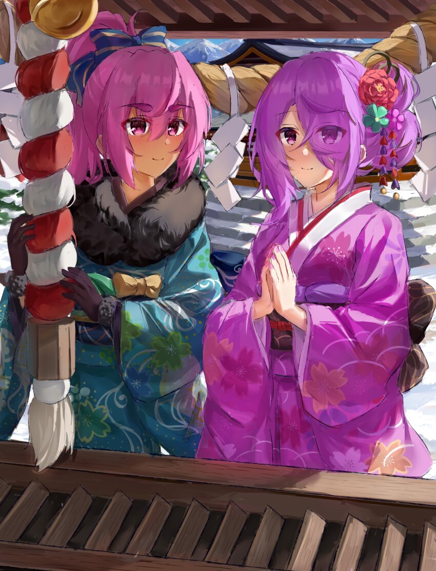 2girls absurdres alternate_costume alternate_hairstyle architecture box breasts donation_box east_asian_architecture hair_over_one_eye hatsumoude heaven_burns_red highres kura_satomi lidce long_hair multiple_girls new_year pink_hair red_eyes shrine tsukishiro_monaka