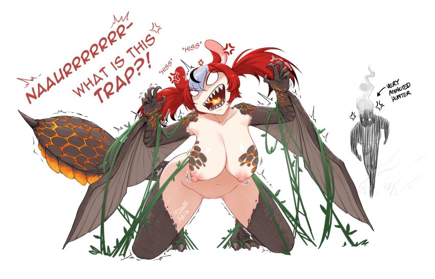1girl animal_ears bazelgeuse black_hair breasts claws dragon english_text hakos_baelz highres hololive hololive_english monster_hunter:_world monster_hunter_(series) monsterification mouse_ears multicolored_hair myth1carts open_mouth plant red_hair restrained scales sharp_teeth streaked_hair tail teeth twintails vines virtual_youtuber white_background white_hair wings wyvern